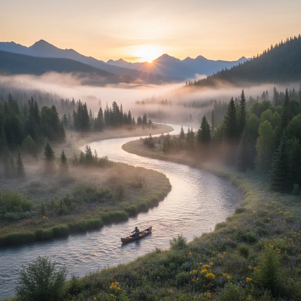 Pristine river valley at dawn
