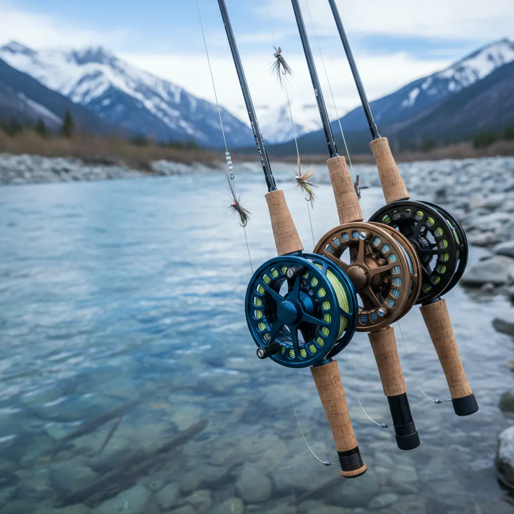 Close-up of fly rods and reels with artificial fly lure